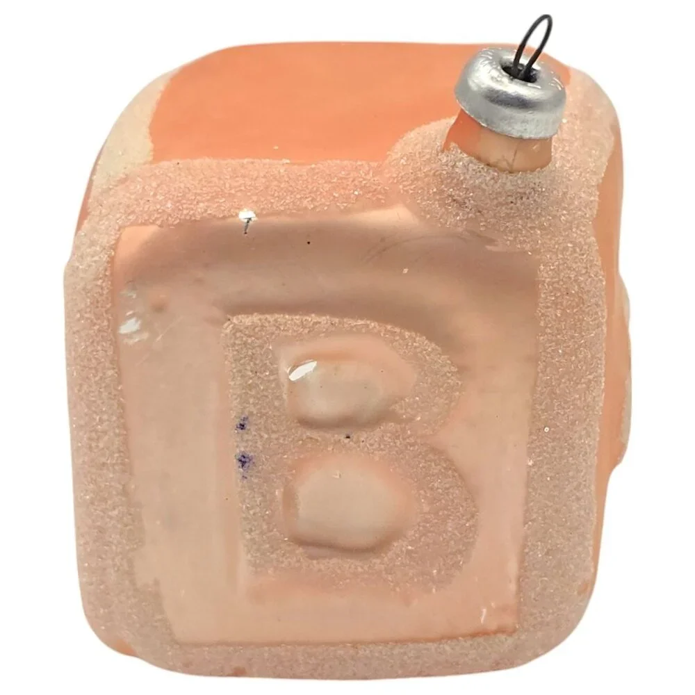 Vintage Peach Frosted Glass Baby Block Ornament With Embossed Letters & Glitter‎